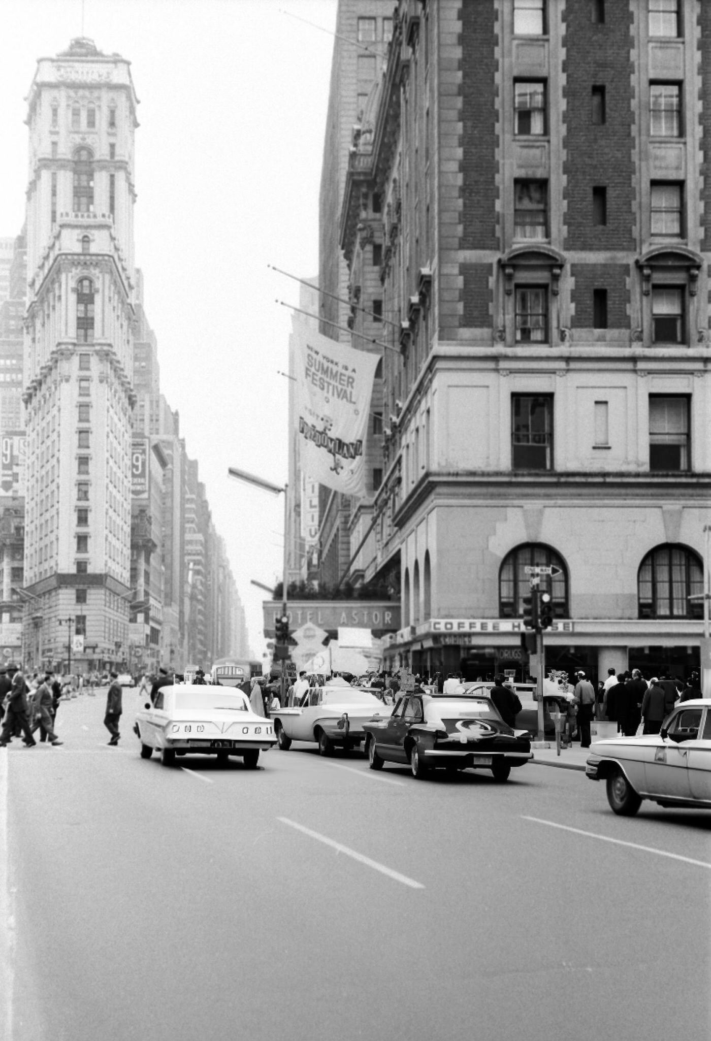 People Protest By One Times Square And The Astor Hotel Against War And Atom Bomb Testing In The Us And Russia, Circa 1965.