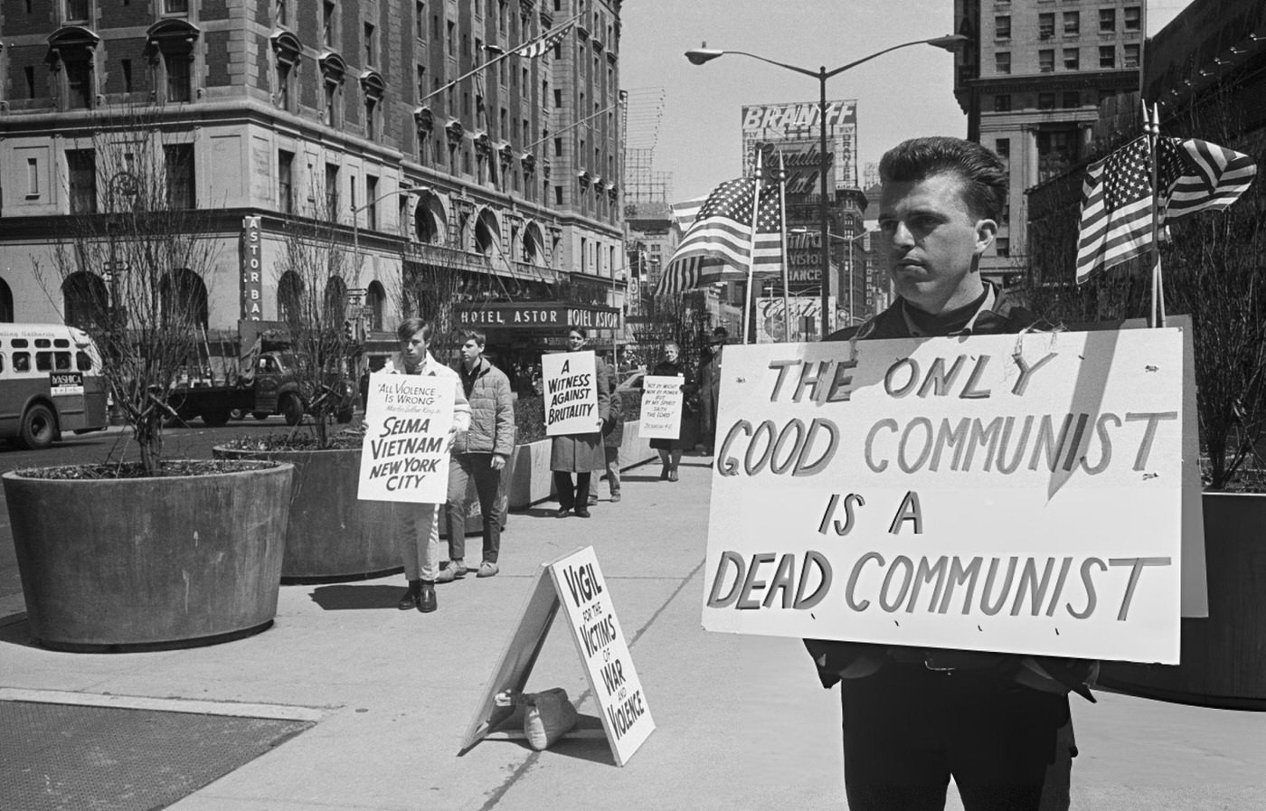 Anti-Communist Protestors March Past The Paramount Theater In Times Square, 1965.