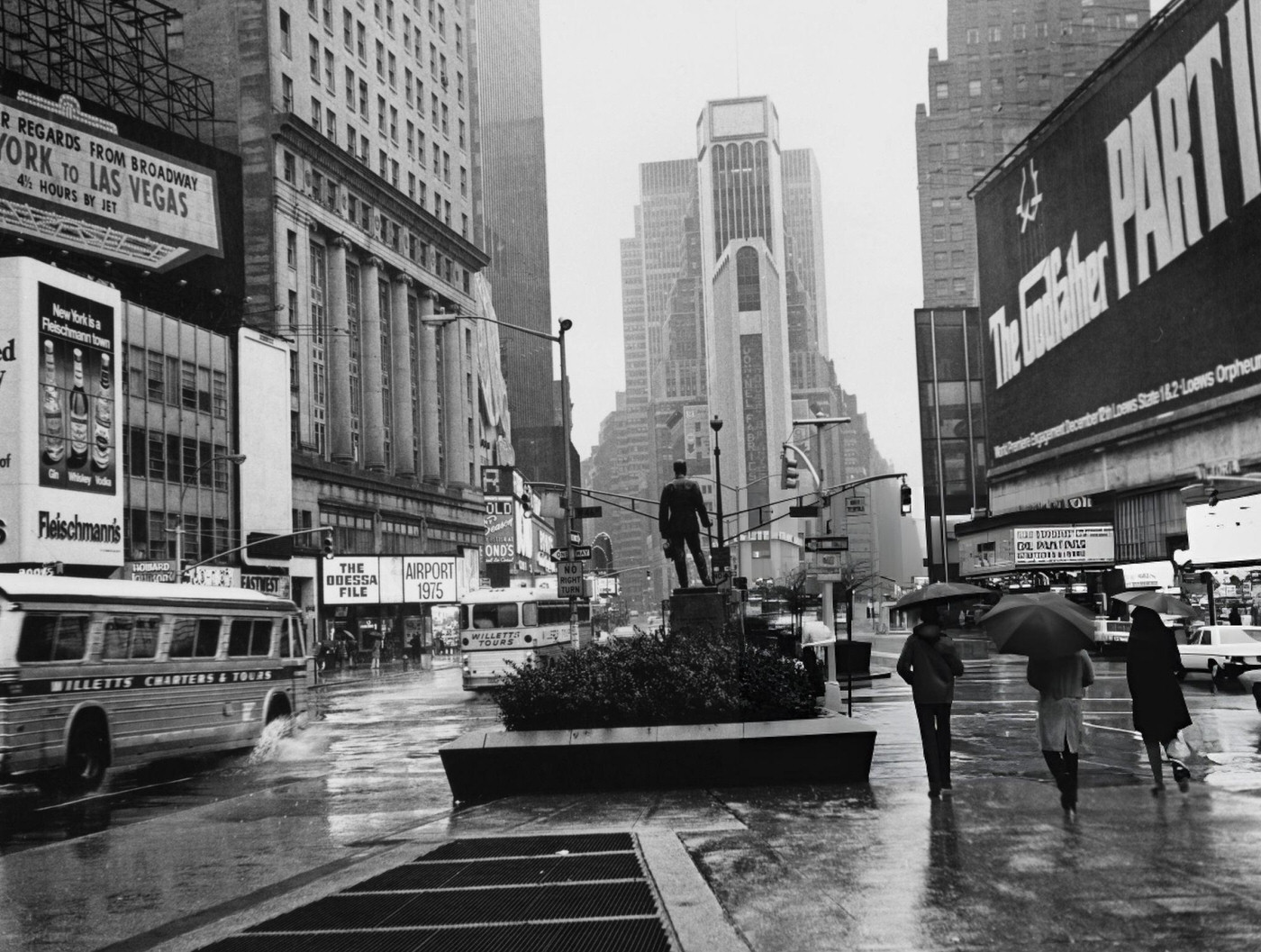 Cars Driving On Broadway At Times Square, With Commercial Signs And Theatre Marquees Advertising Films, 1963.