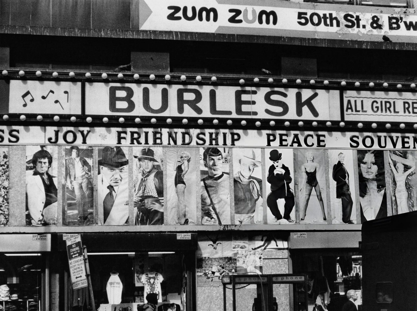 Posters Of Film And Tv Stars Outside A Burlesque Theater In Times Square, Circa 1980.