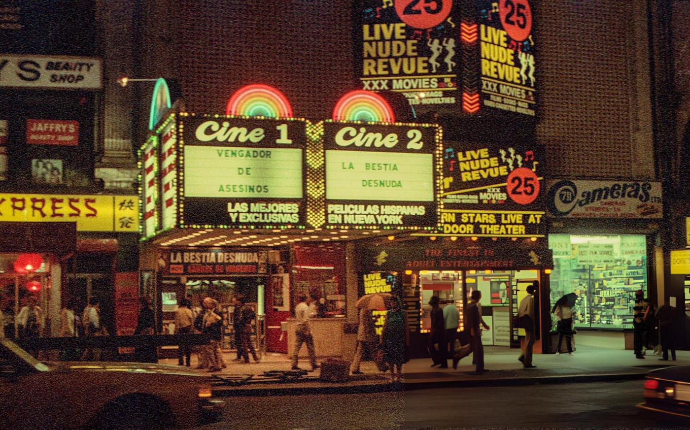 People Passing In Front Of Two Pornographic Theaters In Times Square, 1984.