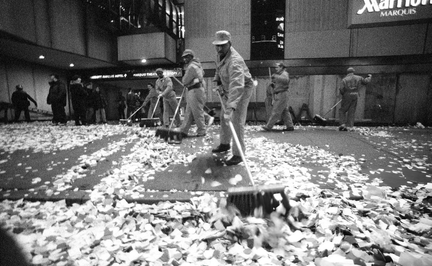 Street Sweepers Cleaning New Year'S Eve Trash On January 1, 1996 In New York City.