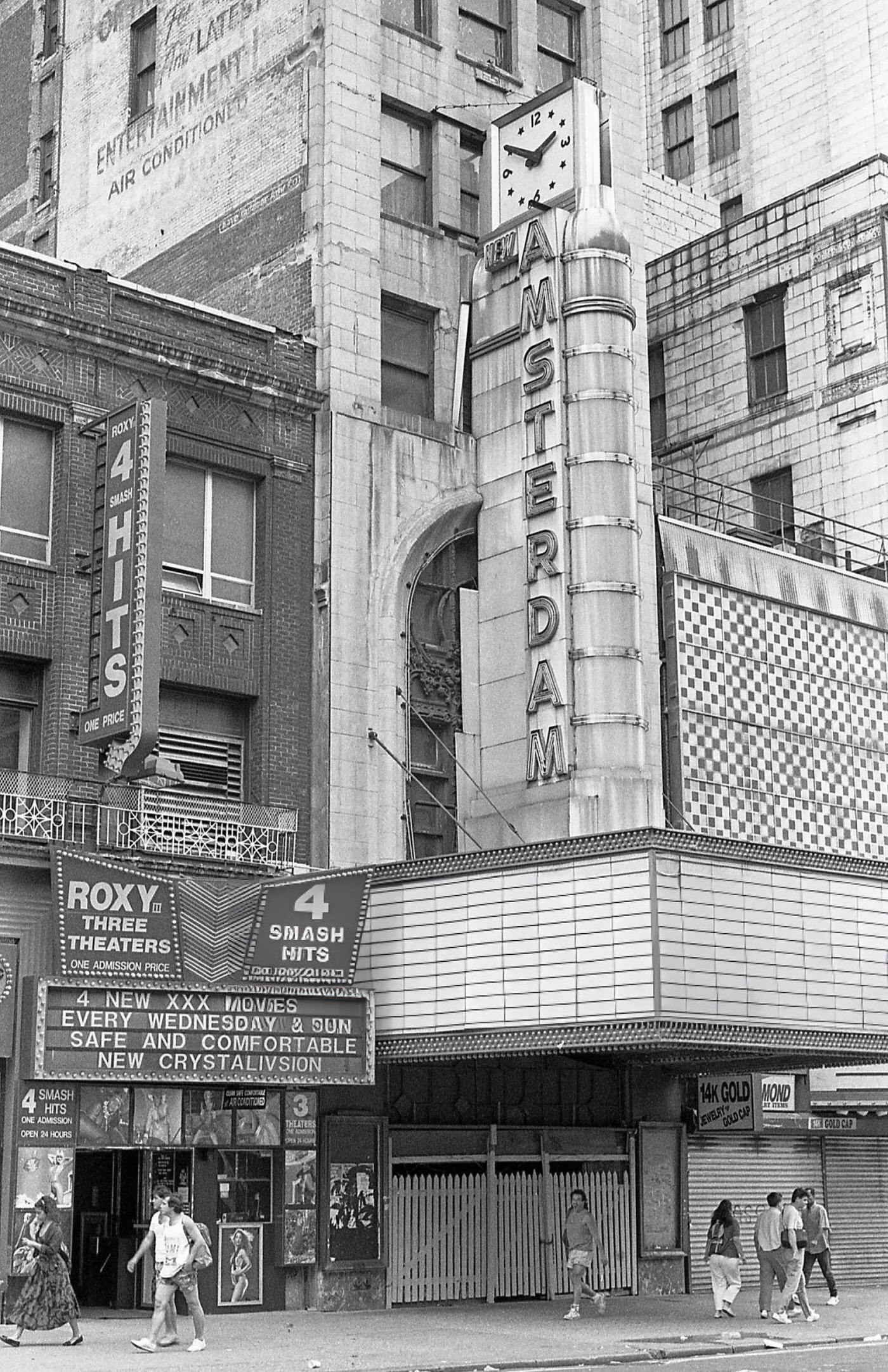 Exterior View Of The Roxy Theater (Left) And The Shuttered New Amsterdam Theater (Right) On West 42Nd Street In Times Square, New York, July 27, 1991.