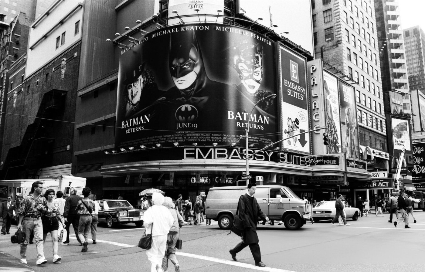 A Giant Theater Marquee For The Movie &Amp;Quot;Batman Returns&Amp;Quot; Above The Embassy Suites In Times Square, New York City, June 22, 1992.