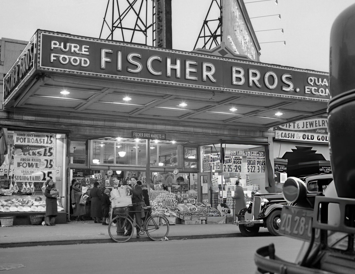Display Of Foods With Prices In Front Of A Grocery Store, Astoria, Queens, 1930S.