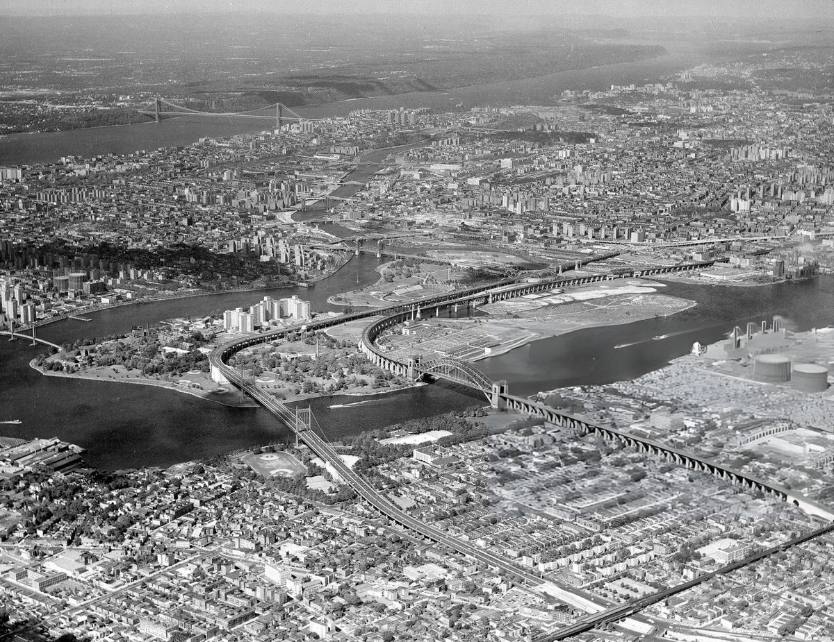 Aerial View Of The Triborough Bridge, East River Drive, Harlem River Drive, Major Deegan Expressway, Bruckner Expressway, And Astoria Park, 1964.