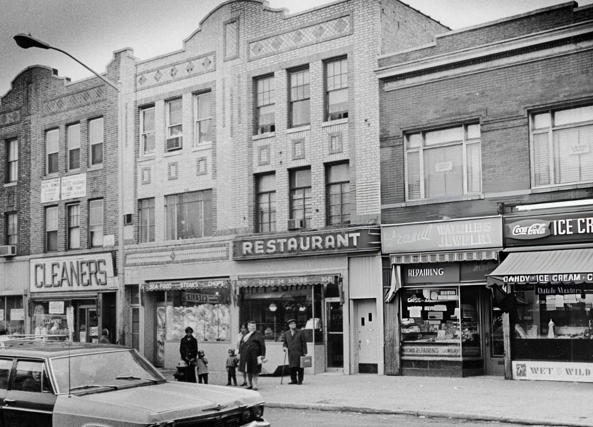Street Scene In Astoria, Queens, Featuring The Keystone Restaurant At 30-21 30Th Avenue, 1970.