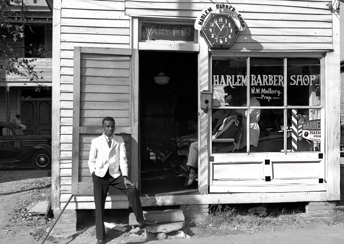 Harlem Barber Shop On Main Street, Oxford, North Carolina, 1939.