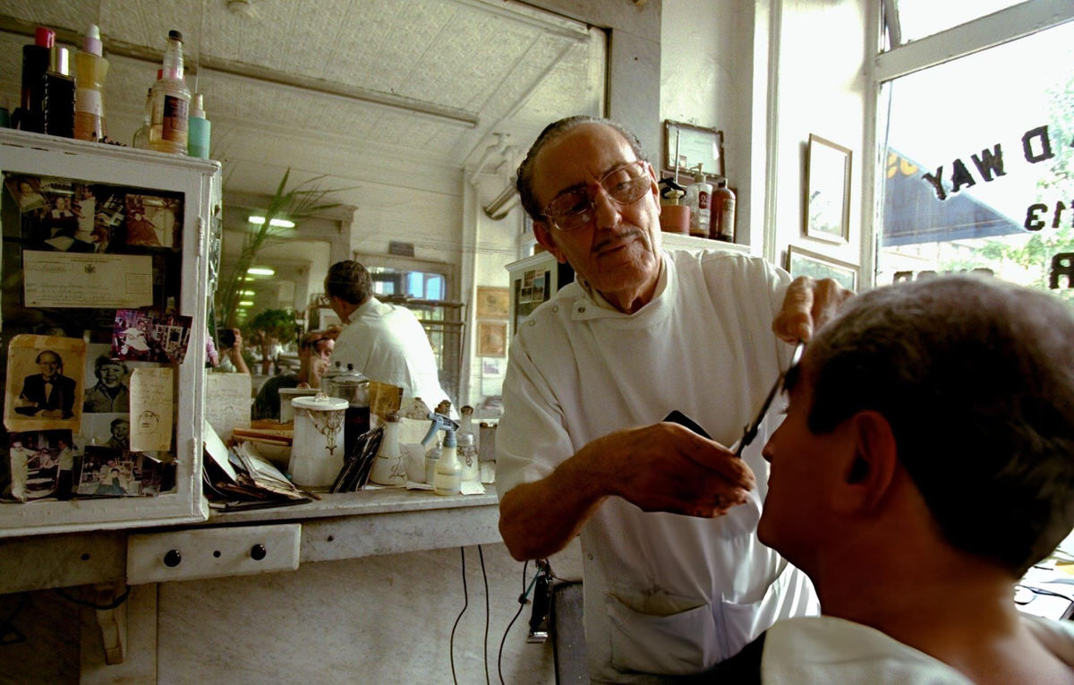 Kay Demetriou Trimming Saul Honigman'S Hair At A Barber Shop On Broadway Between 102Nd And 103Rd Streets, New York, 1991.