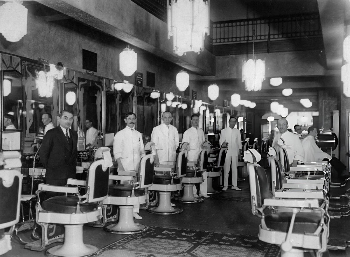 The Mayfair Barber Shop In A Remodeled Theater, New York, 1920.