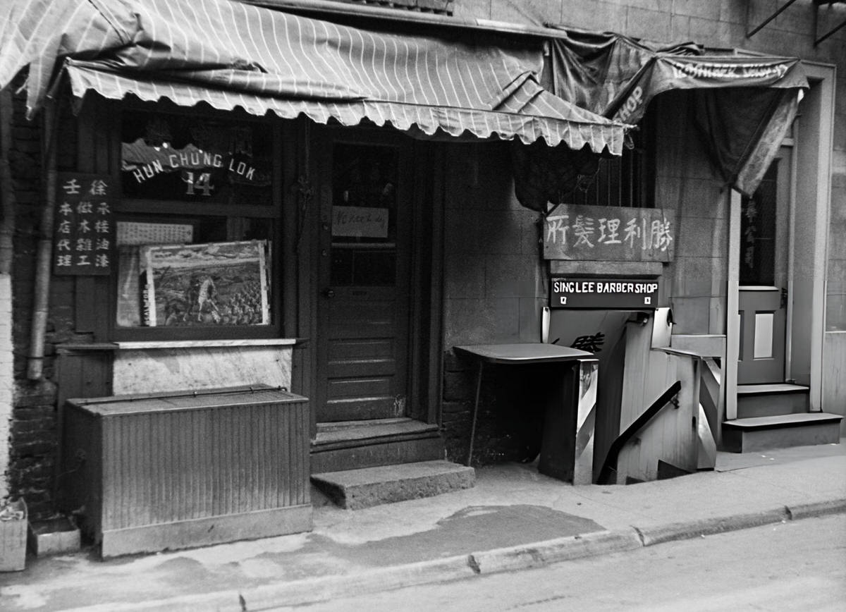 Hun Chung Lok And Sing Lee Barber Shops On Doyers Street, Chinatown, 1940S.