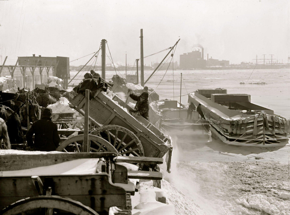 Carts Hauling Snow And Ice Cleared From City Streets To The East River For Dumping.