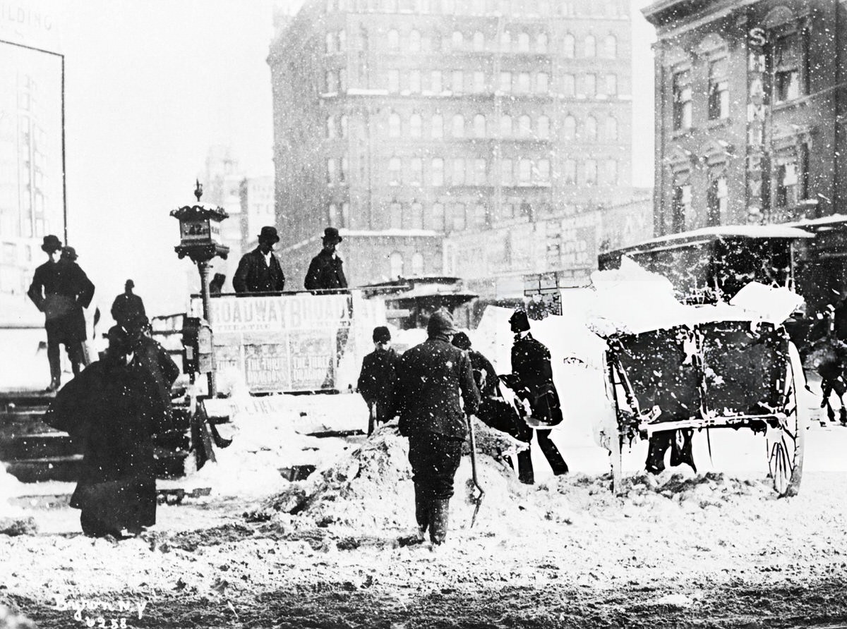 Work Crews Removing Snow In Times Square Following The Blizzard Of 1888.