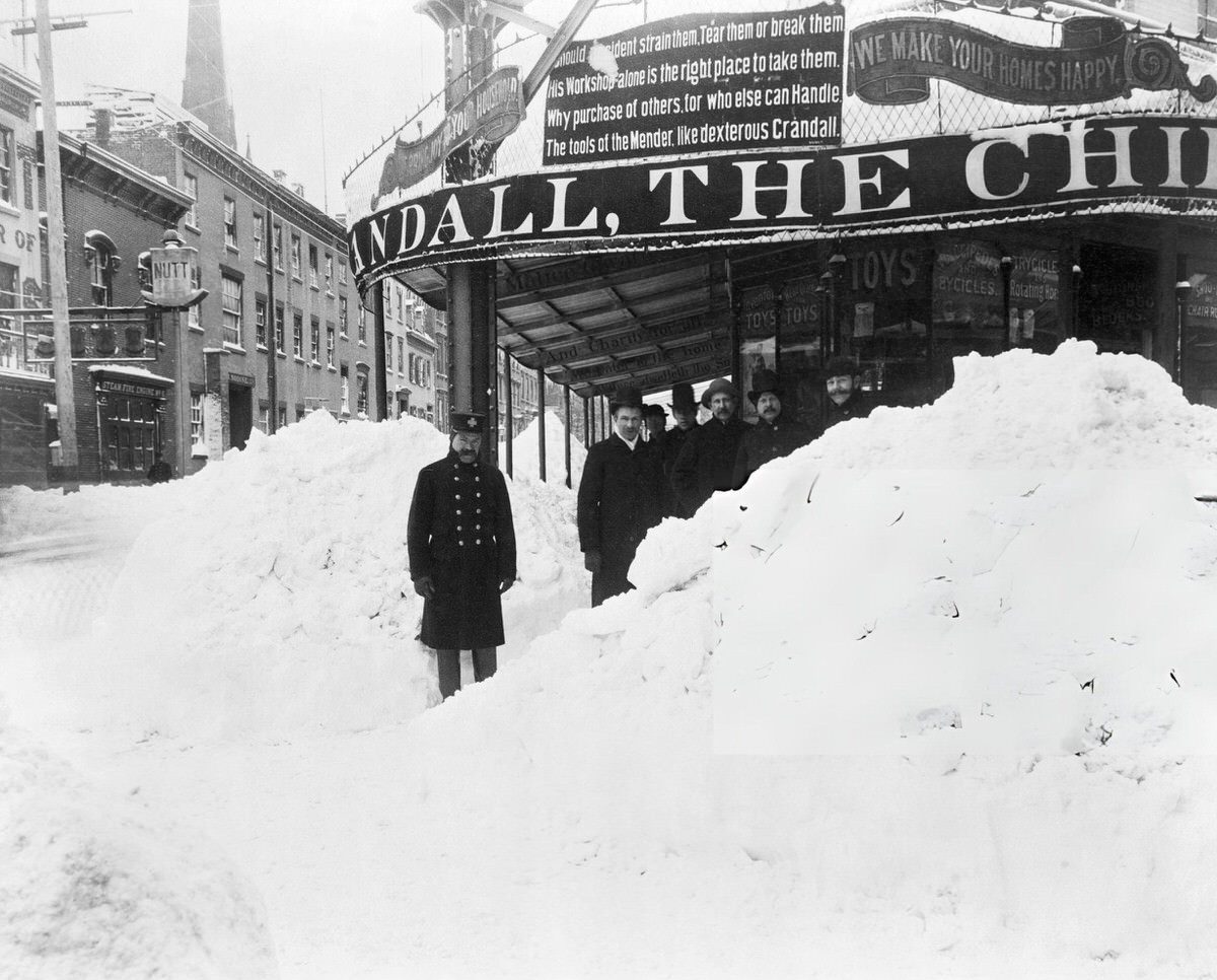 Snow Piled Up In Front Of A Store During The Blizzard Of 1888.