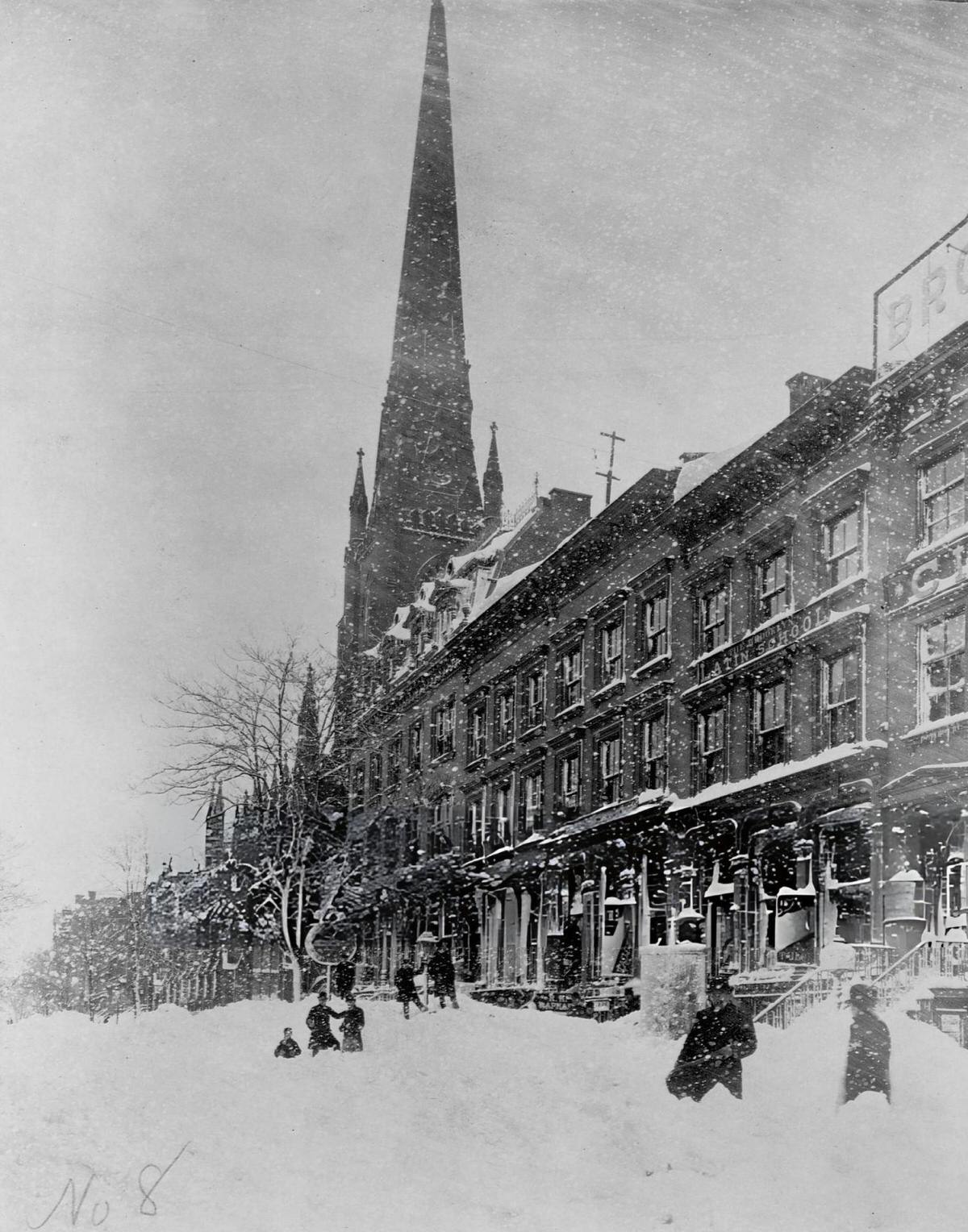 Snow Blowing Against Apartment Houses Near Trinity Church During The Blizzard Of 1888.