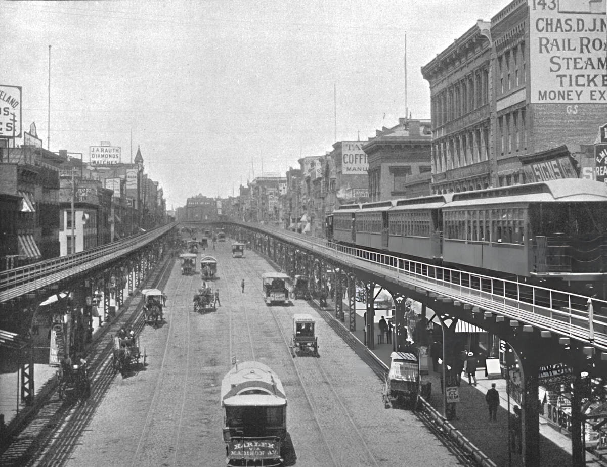 Street Scene Looking North On The Bowery With A Train On The Elevated Railway, New York, 1900.