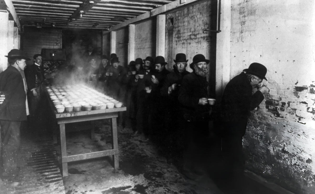Unemployed Men Receiving Free Coffee At The Bowery Mission, Lower Manhattan, 1908.