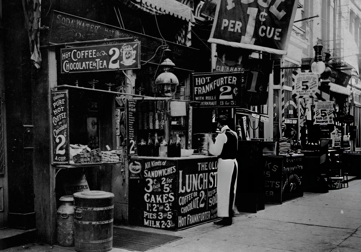 Sidewalk Lunch Stand Near A Pool Hall In The Bowery District, New York.