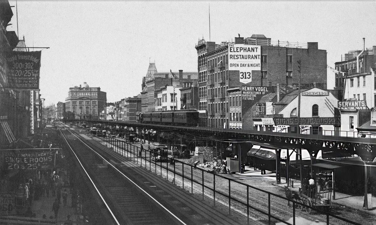 Third Avenue Elevated Rail Line Running Through The Bowery Near The Elephant Restaurant, Lower Manhattan, 1915.