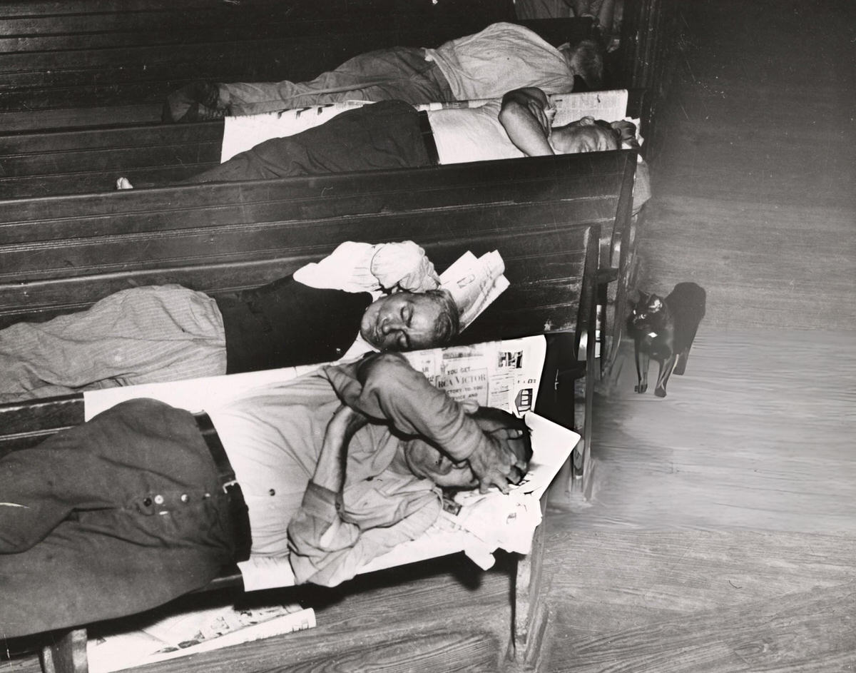 Men Sleeping On Benches In A Bowery Mission, New York, 1941.