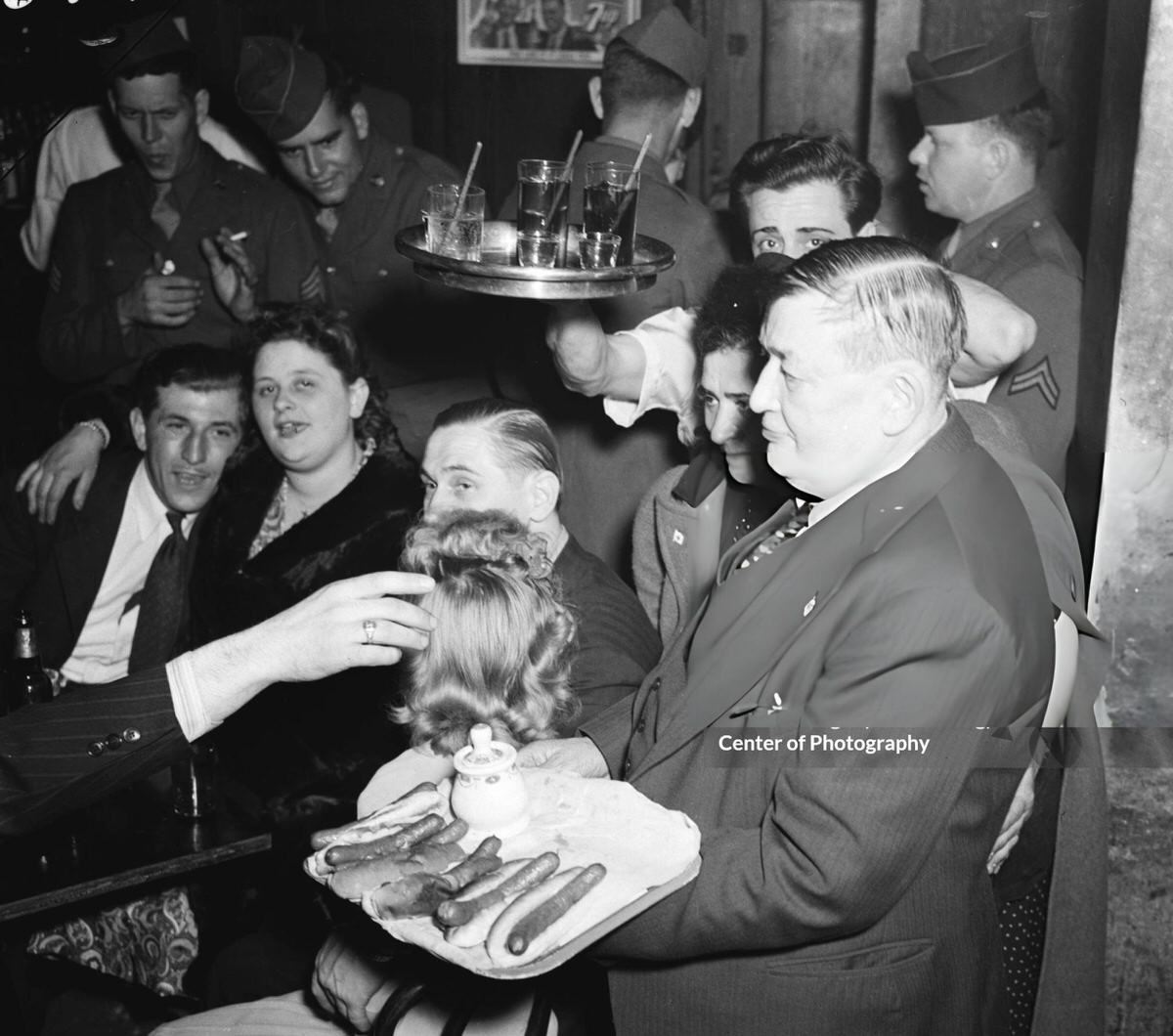 Hot Dog Vendor At Sammy'S Bar In The Bowery, New York, 1943.