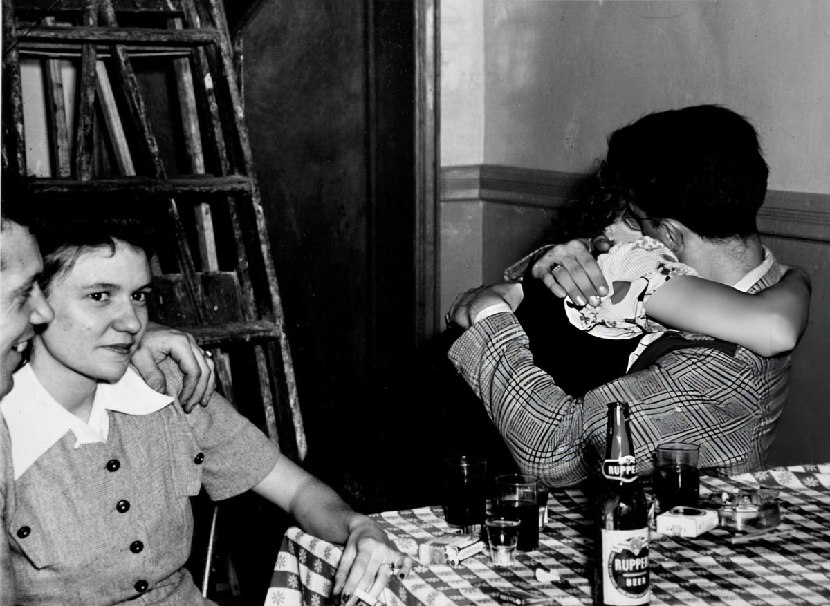 Couples At A Table With Ruppert Beer And Cigarettes In A Bowery Establishment, New York, 1940S.
