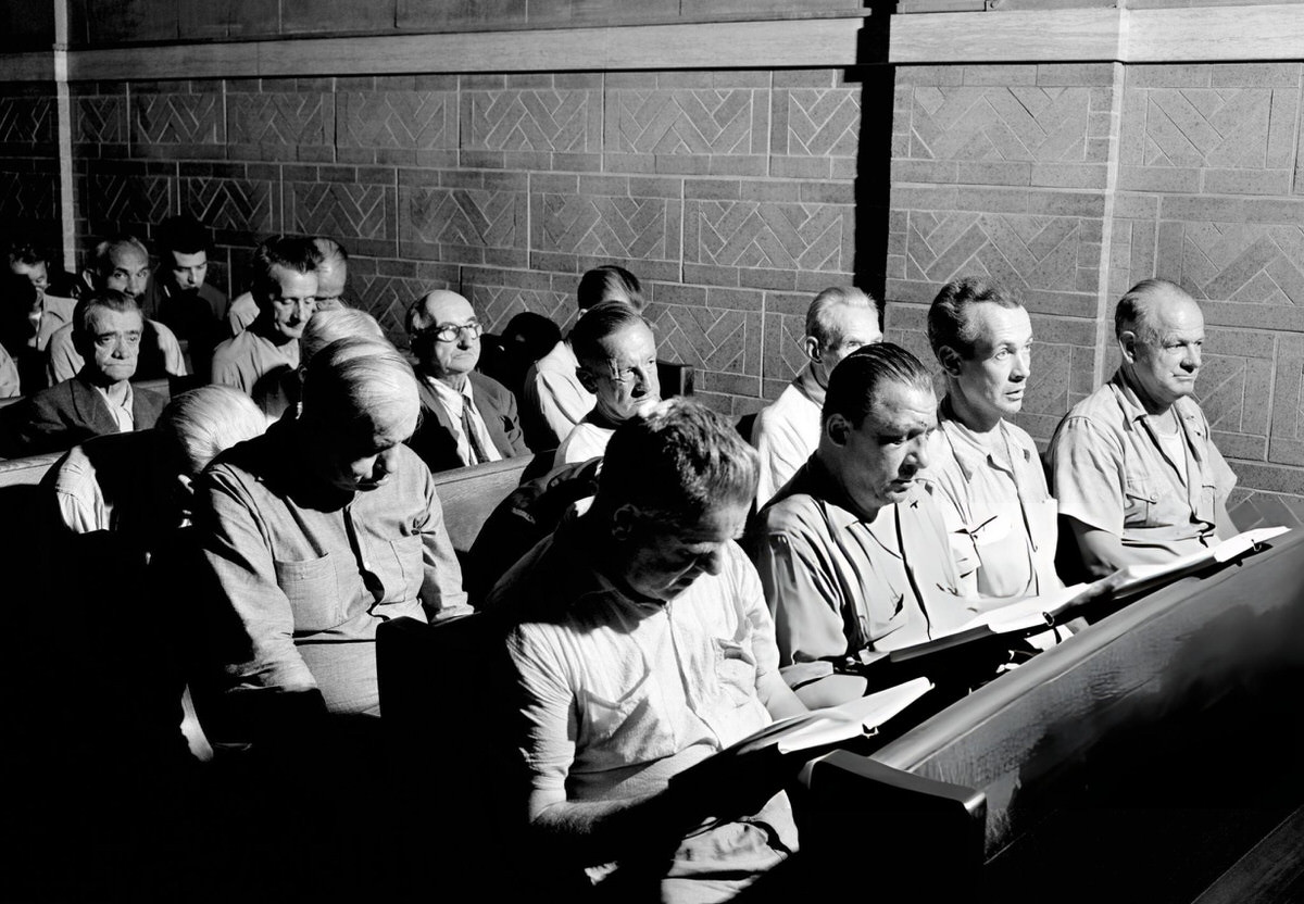 Homeless Men Listening To A Service At The Bowery Mission, New York, 1945.