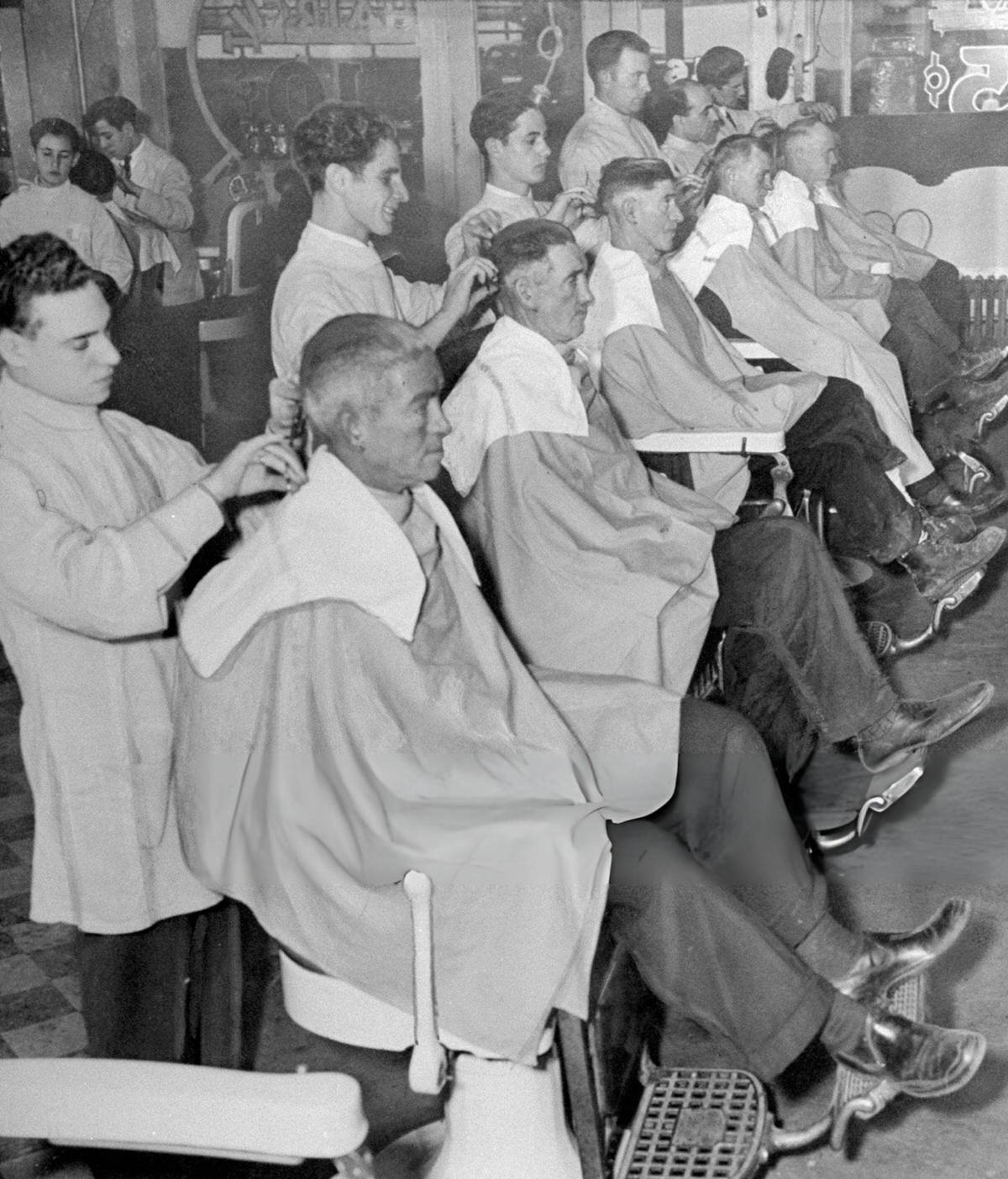 Men Receiving Free Haircuts At A Barber Shop In The Bowery, New York, 1940.