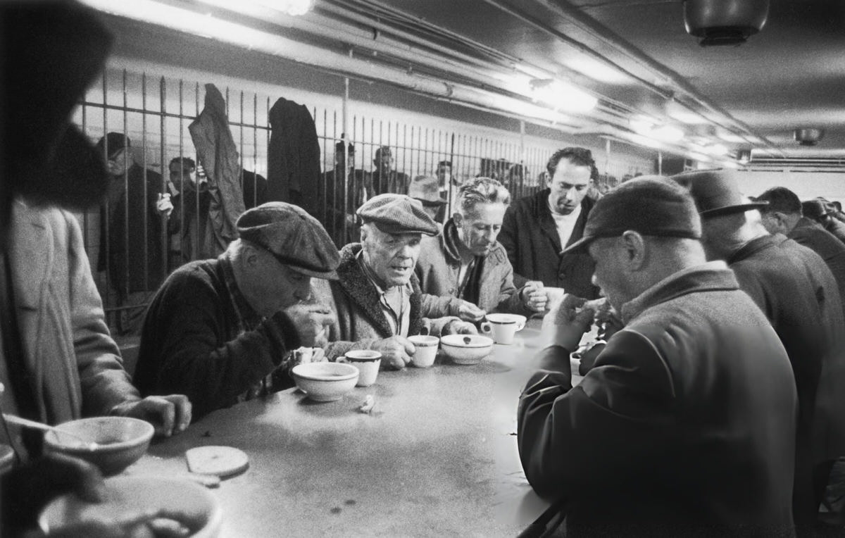 Men Having A Hot Meal At A Salvation Army Hostel In The Bowery, New York, 1961.
