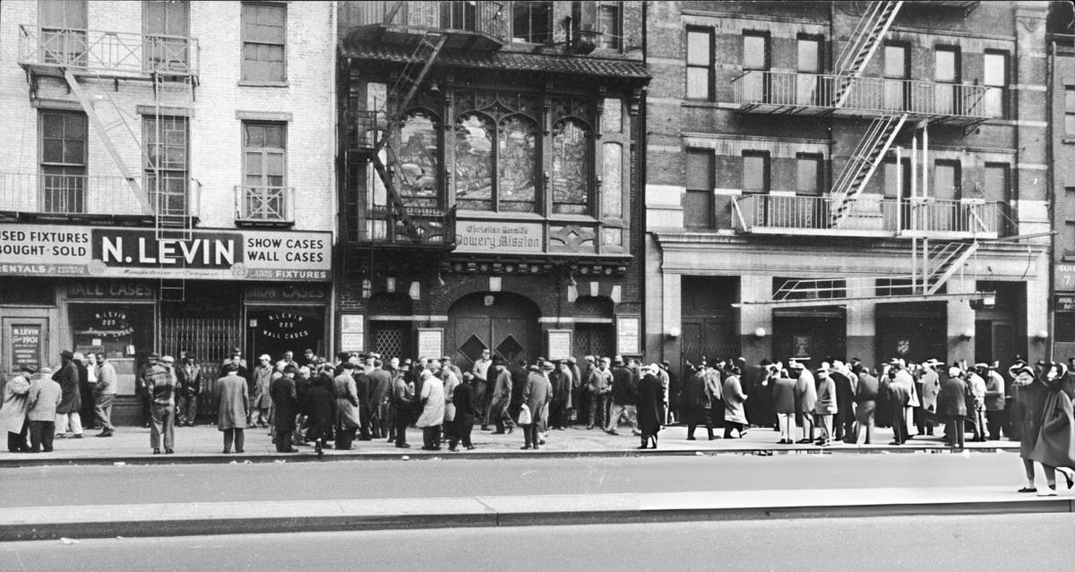 Crowd Of Men Waiting Outside The Bowery Mission At 227 Bowery, New York, 1963.