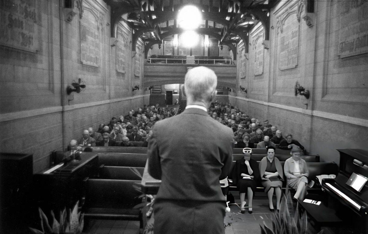 Congregation Of Homeless Men Listening To A Sermon At The Bowery Mission, Manhattan, 1961.