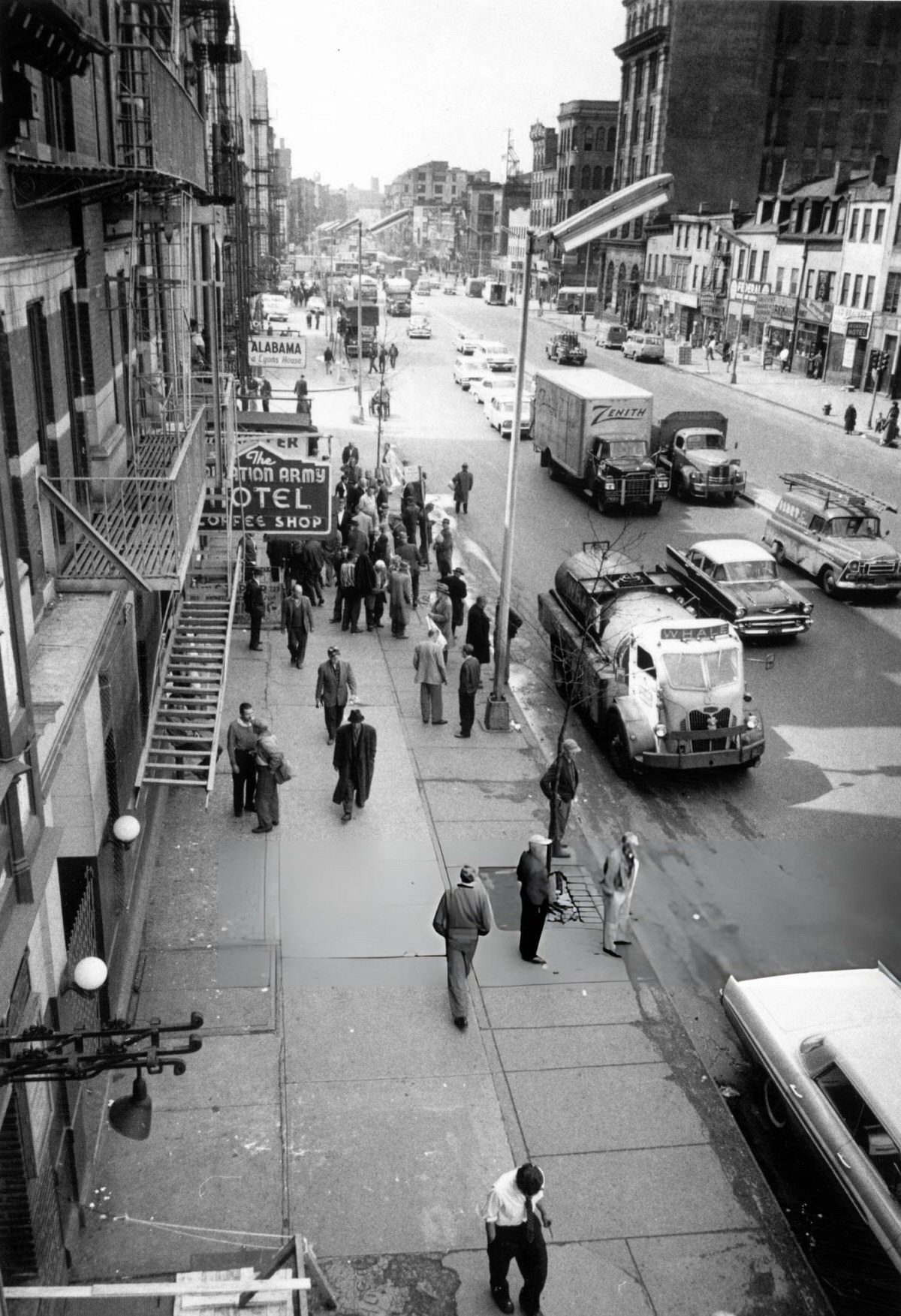 Homeless Men Outside The Salvation Army Hotel In The Bowery, Manhattan, 1961.