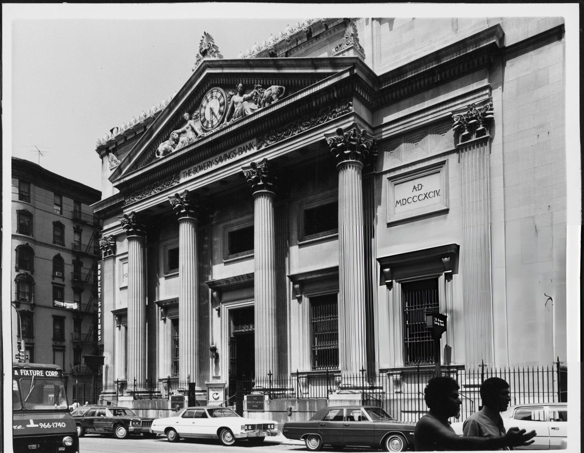 Grand Street Entrance To The Bowery Savings Bank At 130 Bowery, New York, 1975.