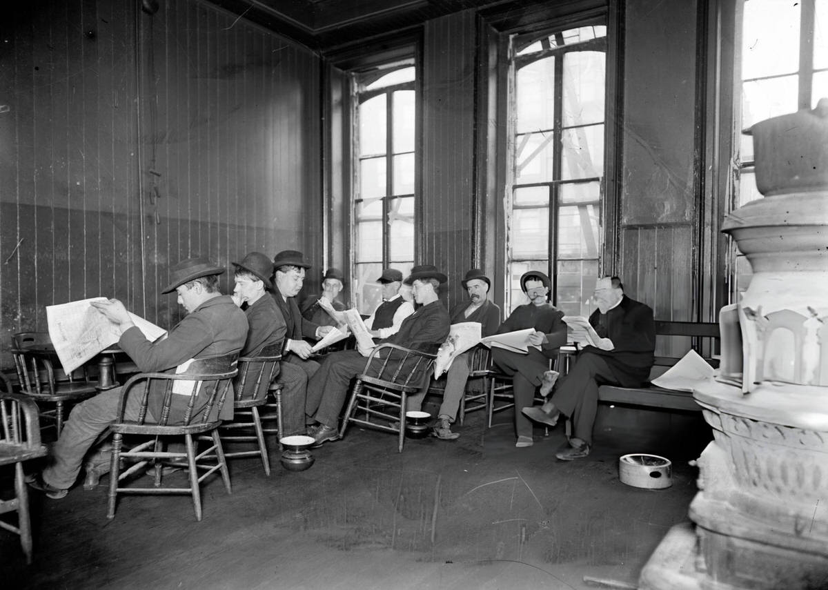 Men Reading Newspapers In The Reading Room Of A 10-Cent Lodging House In The Bowery, New York, 1890S.