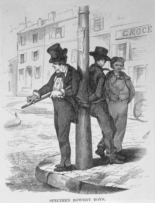 An Engraving Of Three Boys On A Street Corner Entitled &Amp;Quot;Specimen Bowery Boys.&Amp;Quot; The Bowery Boys Were A Nativist Gang That Operated In Lower Manhattan In The Early And Mid 19Th Century.