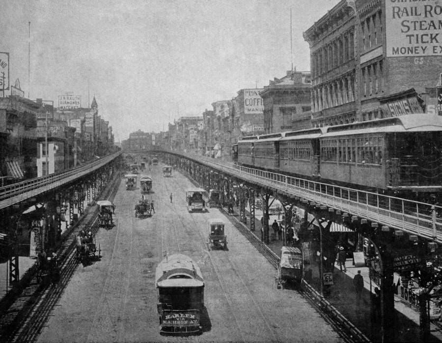 The Bowery, Circa 1884. By 1915, The Third Avenue El Would Add Two More Tracks Down The Middle Of The Street, Completely Blocking Most Sunlight From Reaching Below.