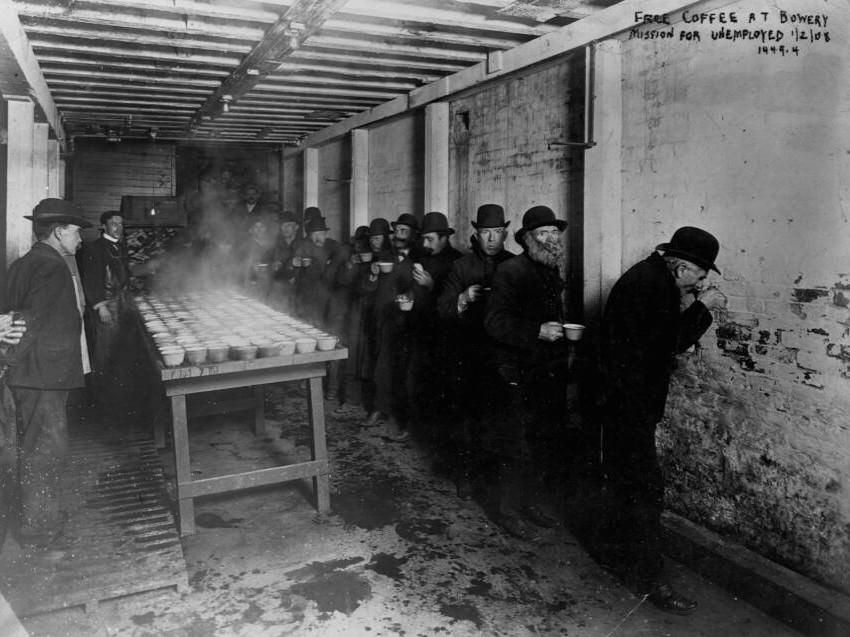 Men Wait For Free Coffee At A Mission In The Bowery