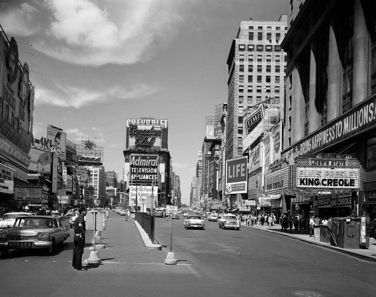 Looking North Up Broadway From Times Square To Duffy Square With King Creole On A Movie Marquee, Manhattan, 1958.