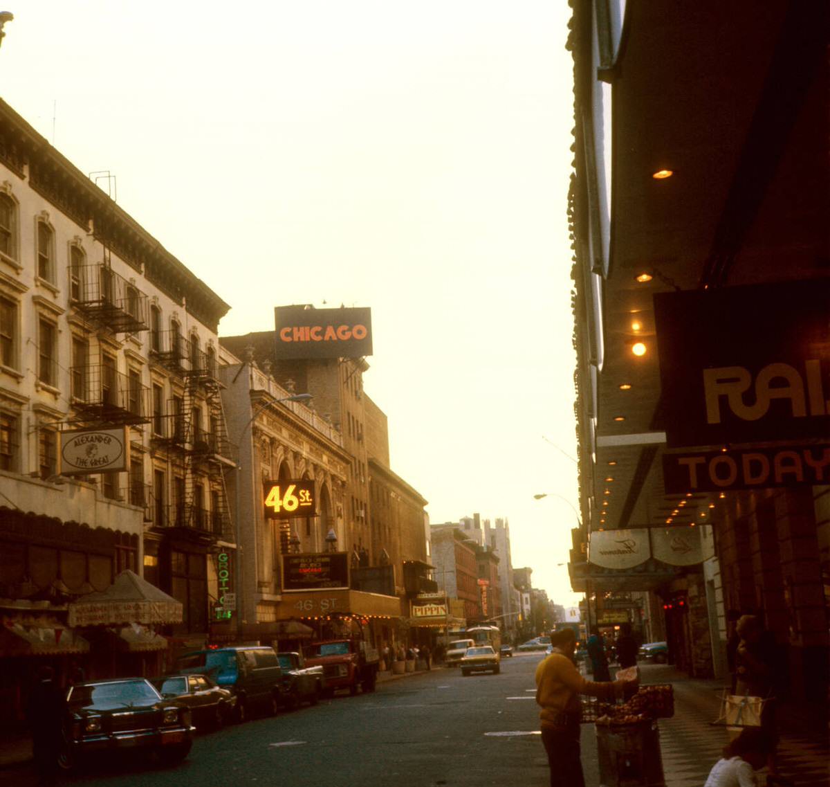 Times Square Street Scene With Advertisements For Chicago And Pippin At 46Th Street And Broadway, New York, 1975.