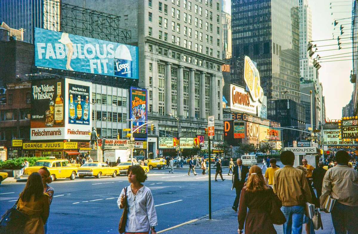 Billboards And Yellow Taxis At Times Square, Broadway, And West 43Rd Street, Manhattan, 1976.