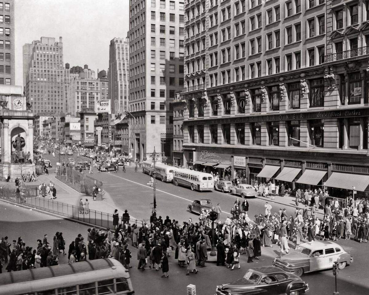 High Angle View Of The Herald Square Intersection At 34Th Street, Broadway, And Avenue Of The Americas, Manhattan, 1948.