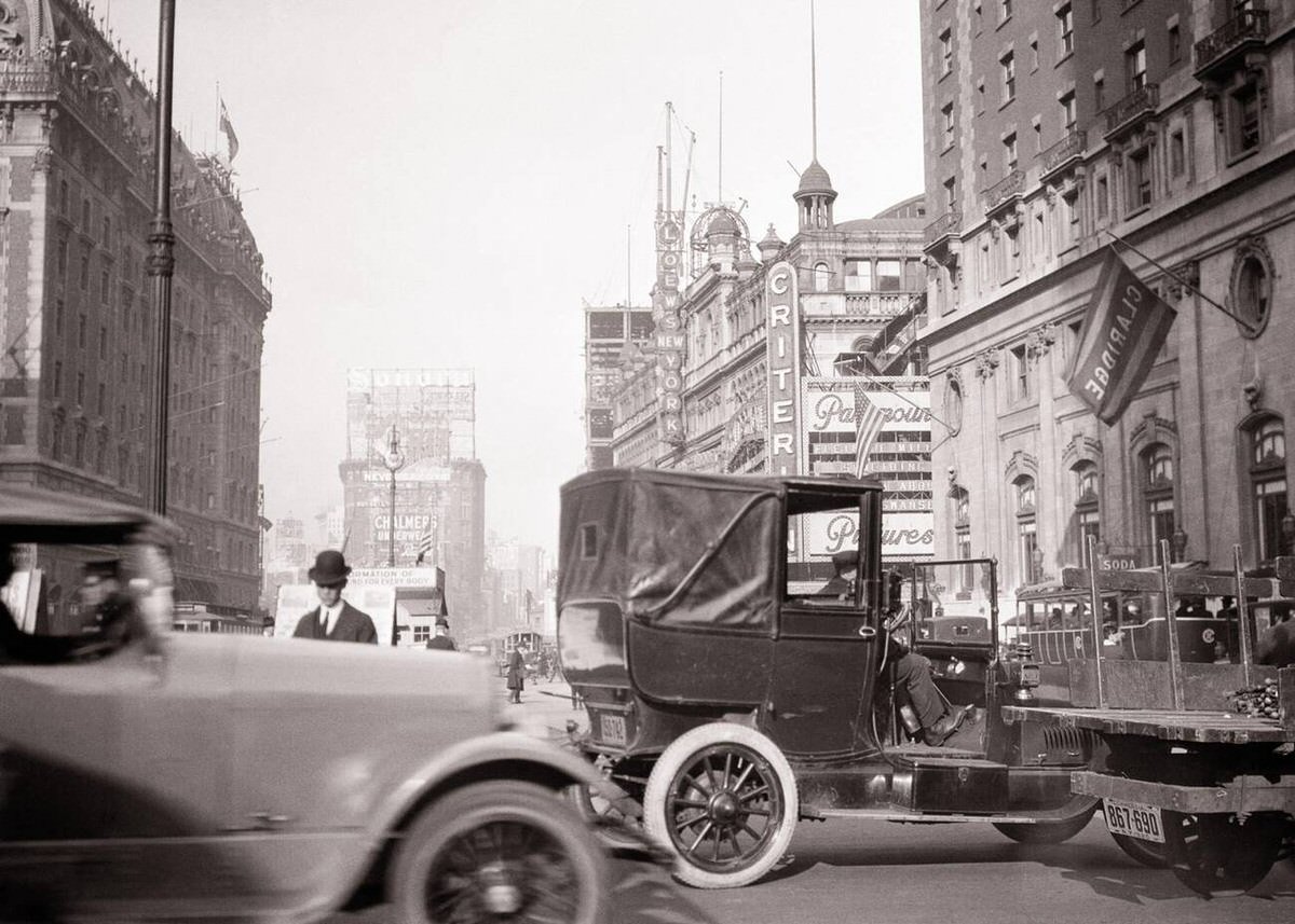 Taxi With Men In Silk Hats Near The Hotel Astor And Hotel Claridge In Times Square, New York, 1922.