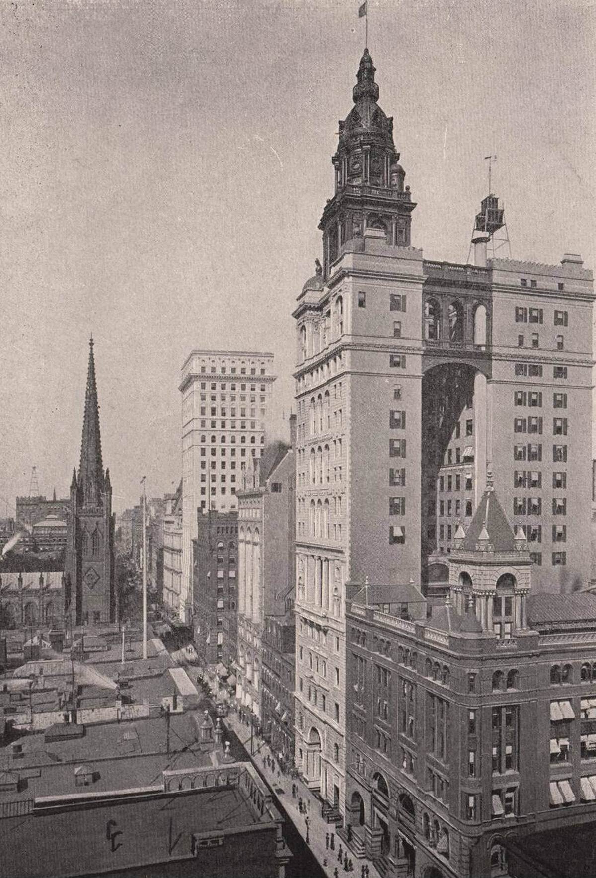 Broadway Looking North From Exchange Place With Trinity Church And The American Surety Company Building, 1900.
