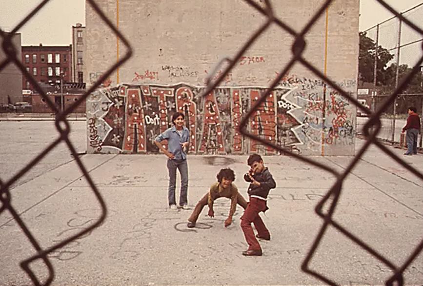 Three Boys And &Amp;Quot; A Train&Amp;Quot; Graffiti In Brooklyn'S Lynch Park.