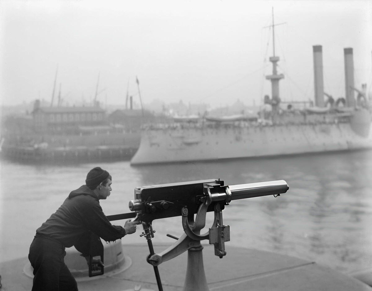 Sailor Behind A Machine Gun At The Brooklyn Navy Yard, 1900S.