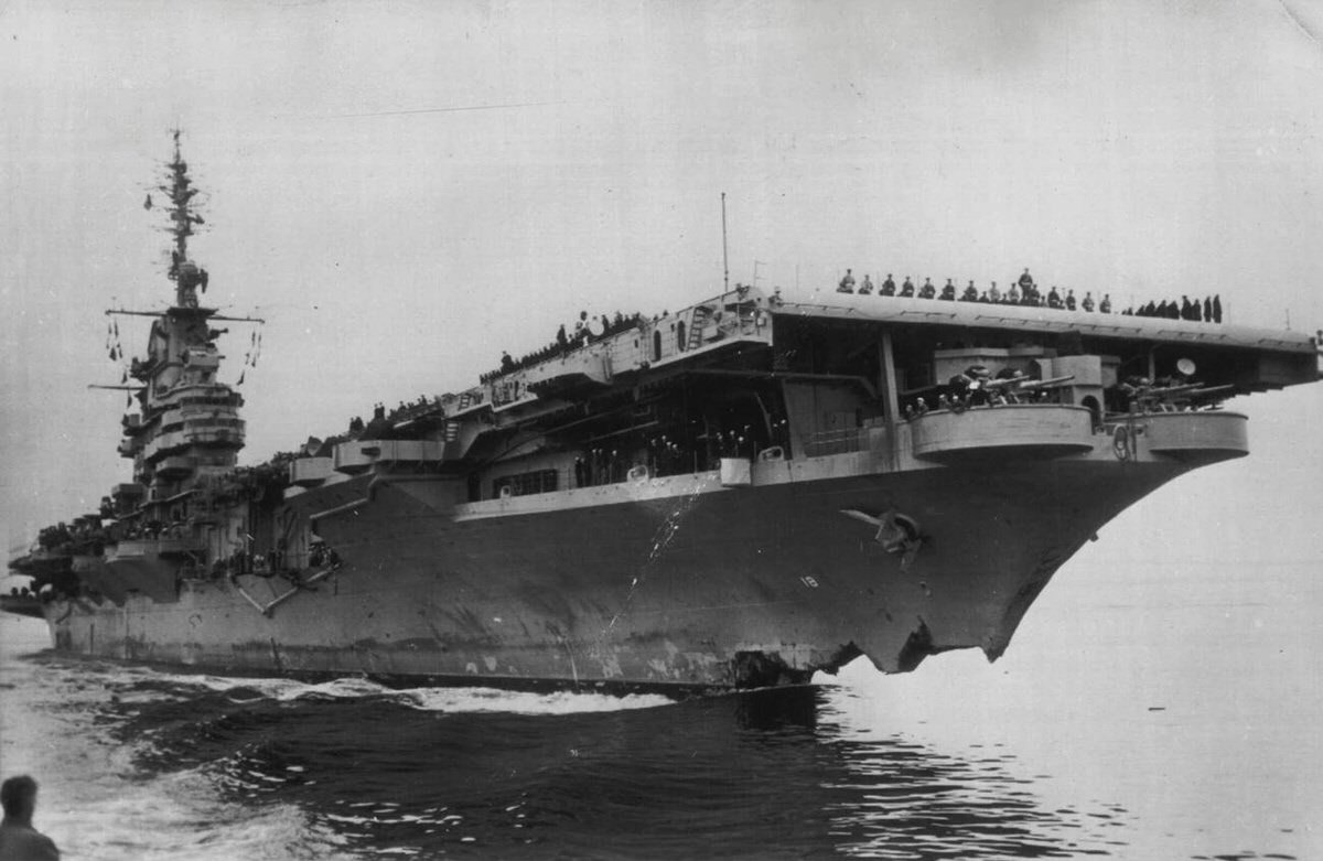 Battered Bow Of The Aircraft Carrier Uss Wasp Arriving For Repairs At The Brooklyn Navy Yard, 1952.