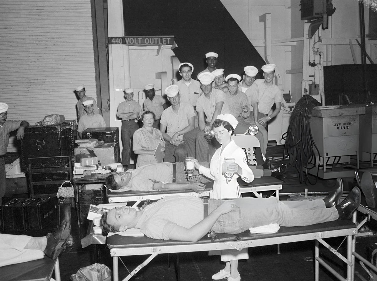 Survivors Of The Uss Bennington Fire Donating Blood At The New York Naval Shipyard, Brooklyn, 1954.