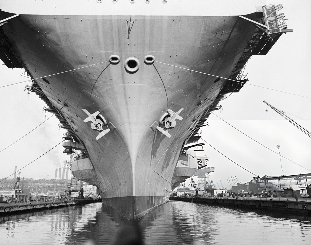 Bow Of The Aircraft Carrier Uss Saratoga At The New York Naval Shipyard, Brooklyn, 1956.