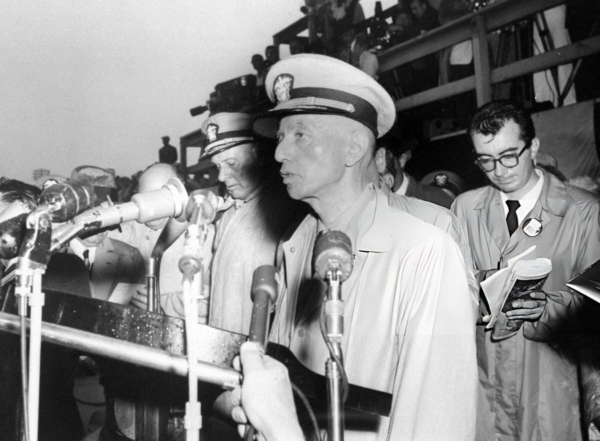 Admiral Hyman Rickover Speaking At The Brooklyn Navy Yard After The Arrival Of The Uss Nautilus, 1958.