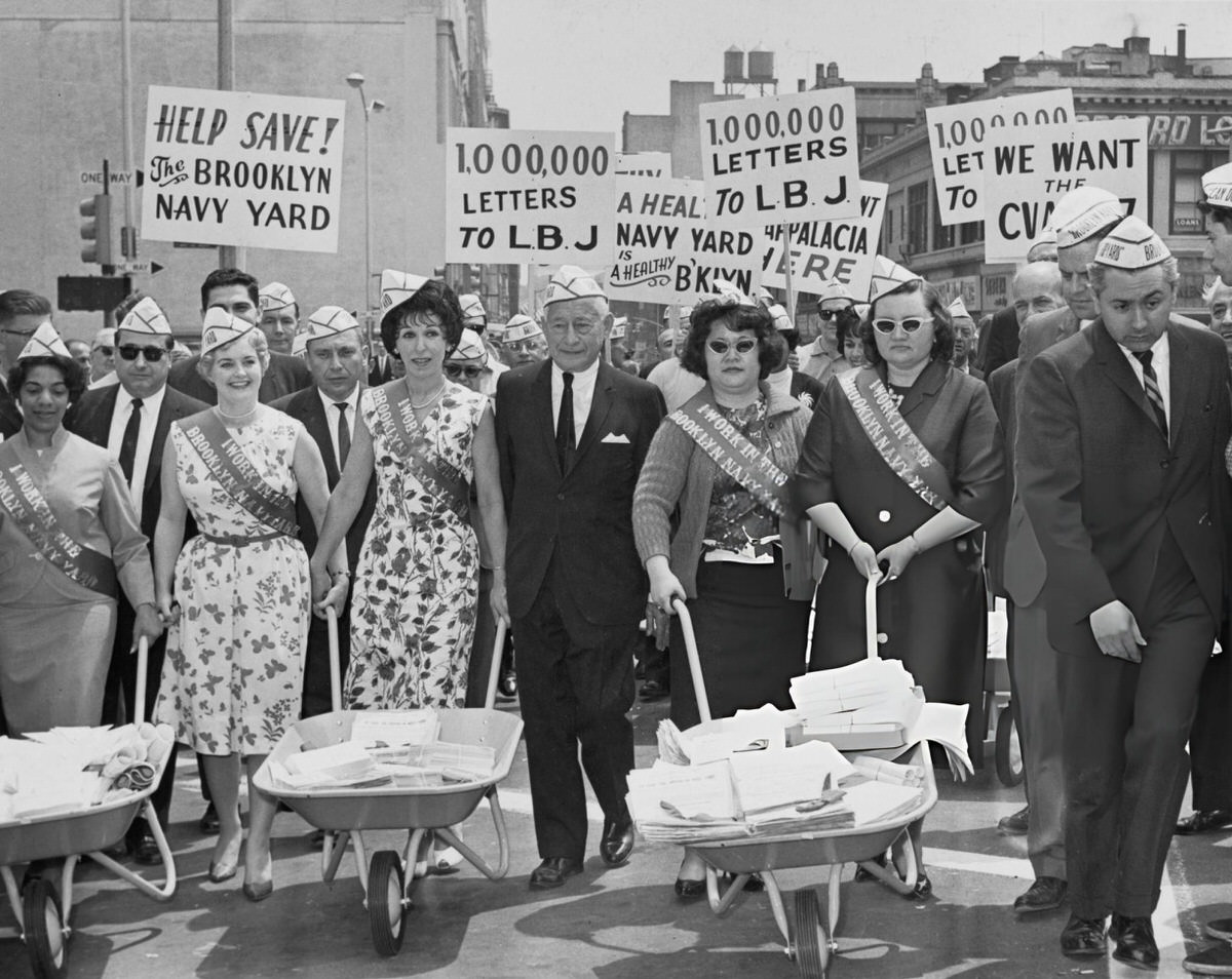 Borough President Abe Stark Leading A March To Save The Brooklyn Navy Yard, 1964.